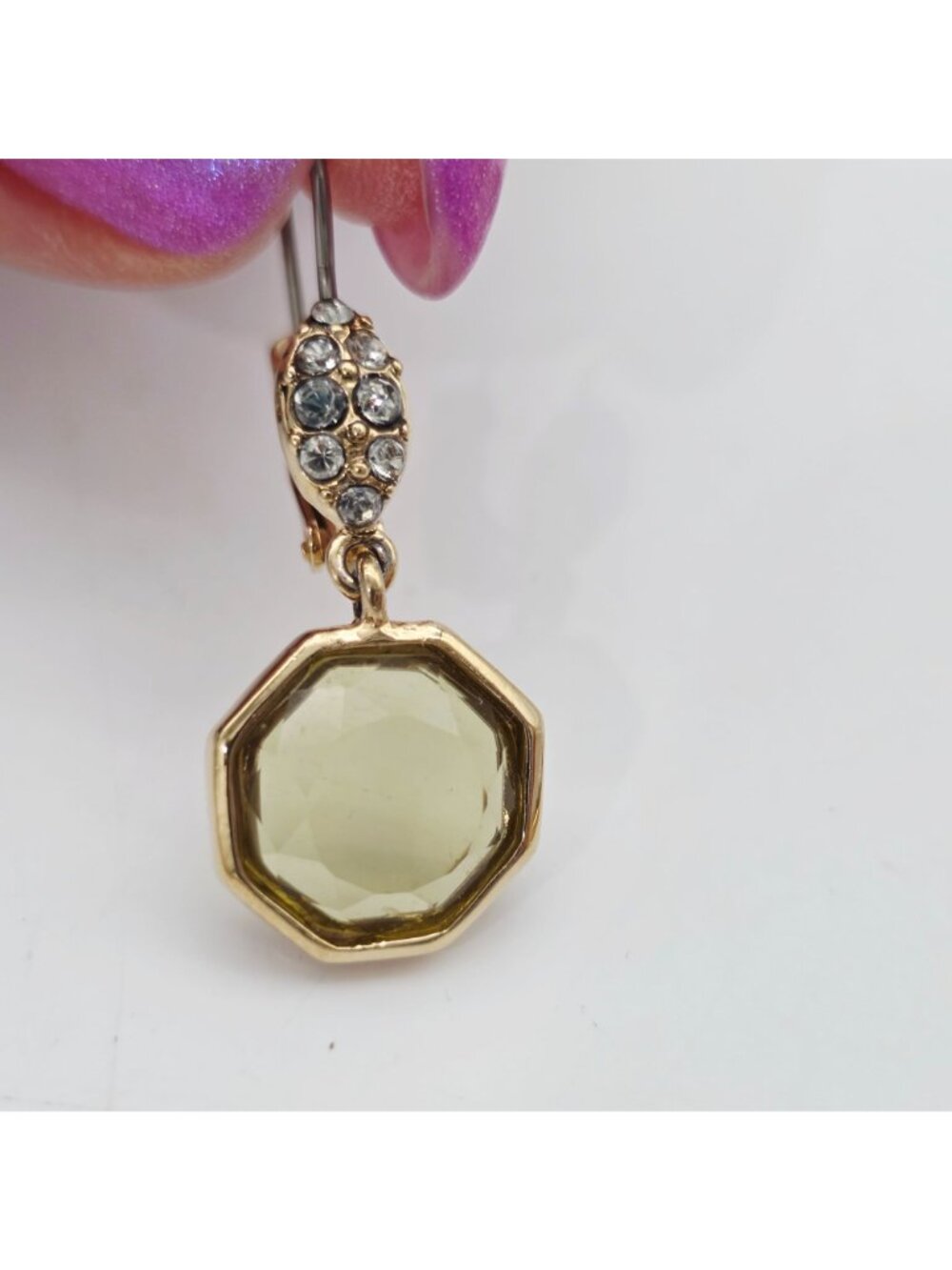 Gold-Tone Drop Earrings With Yellow Octagon Plastic Gem & Crystal Accents - Picture 2 of 6